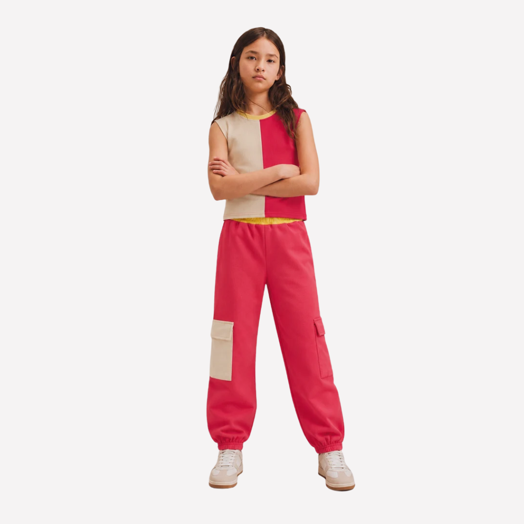 Girls Color Block Sleeveless Top & Cargo Jogger Pants Set | Pink & Beige 2 Piece Outfit