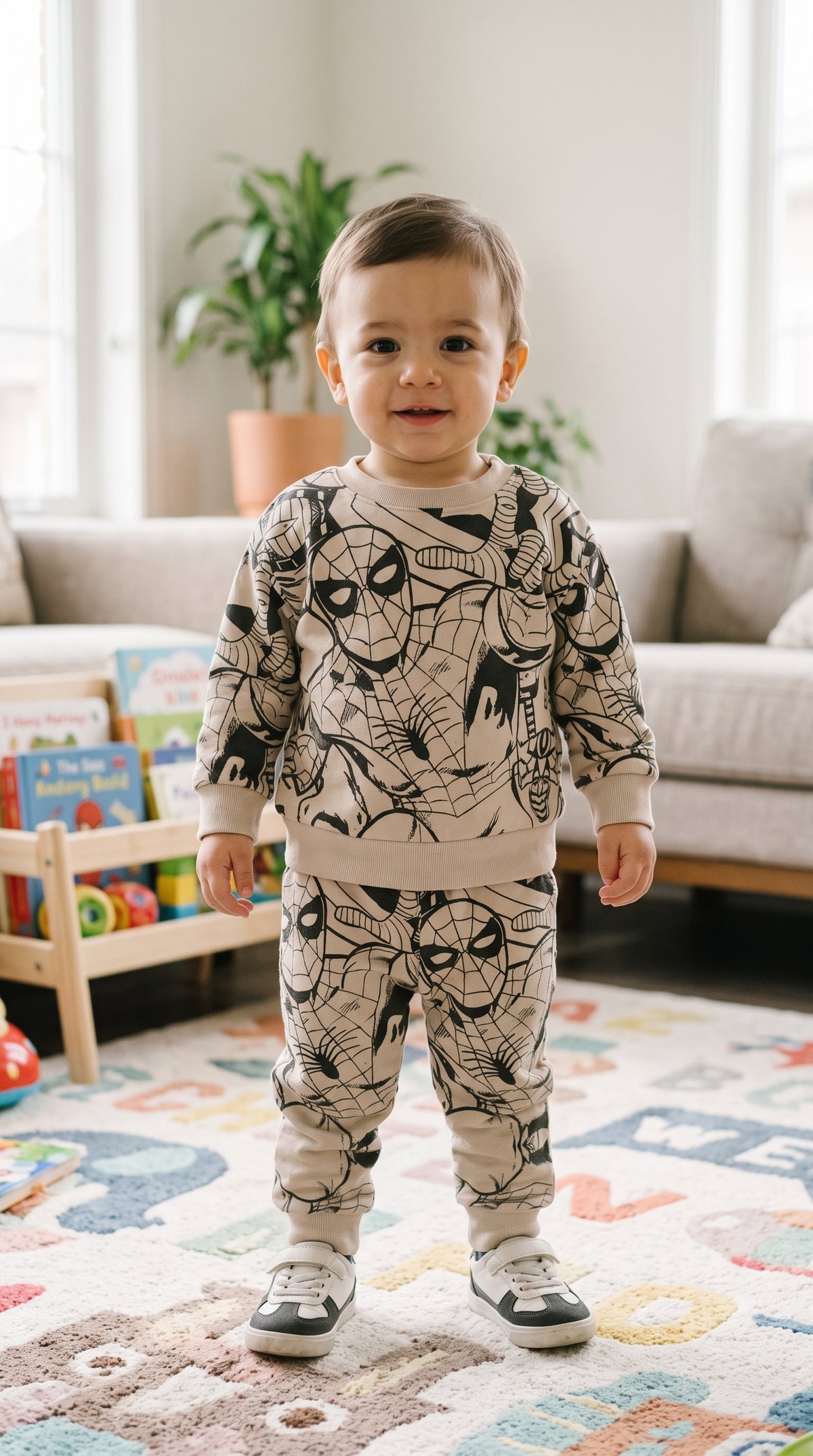 Kids Spider Web Printed Fleece Tracksuit – Beige | Sweatshirt & Jogger Set