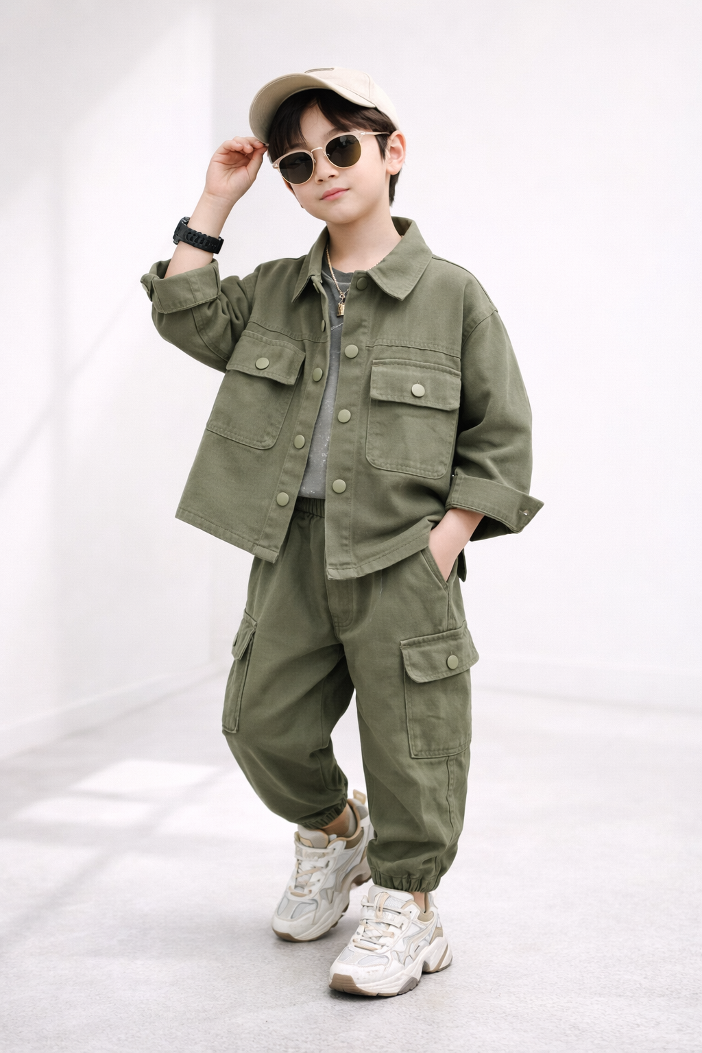 Boys Cargo Outfit Set – Olive Green Jacket & Cargo Pants Co-Ord | Kids Street Style Wear