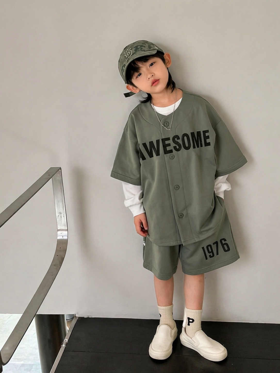 Boys Summer Co-Ord Set – Olive Green Graphic Shirt & Shorts Set | Kids Casual Outfit