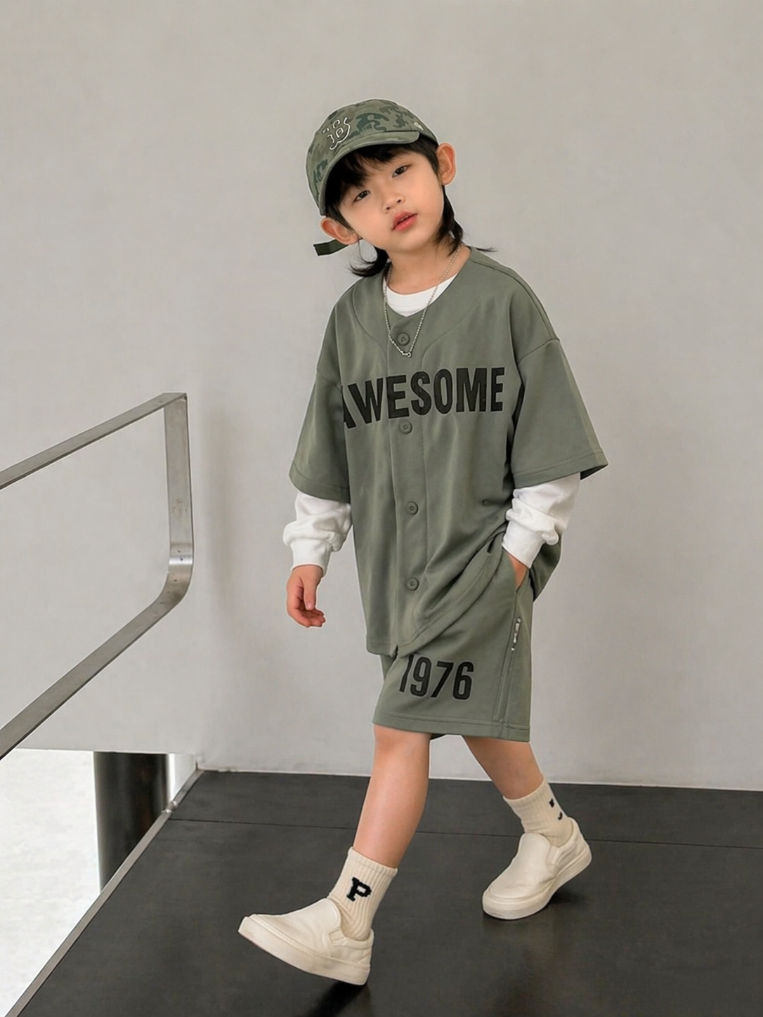 Boys Summer Co-Ord Set – Olive Green Graphic Shirt & Shorts Set | Kids Casual Outfit