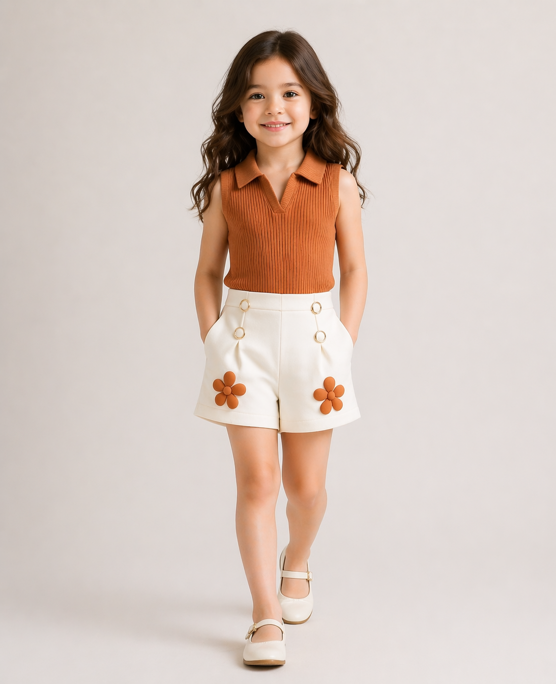 Girls Summer Outfit Set – Sleeveless Ribbed Top & Floral Shorts Co-Ord Set | Kids Casual Wear