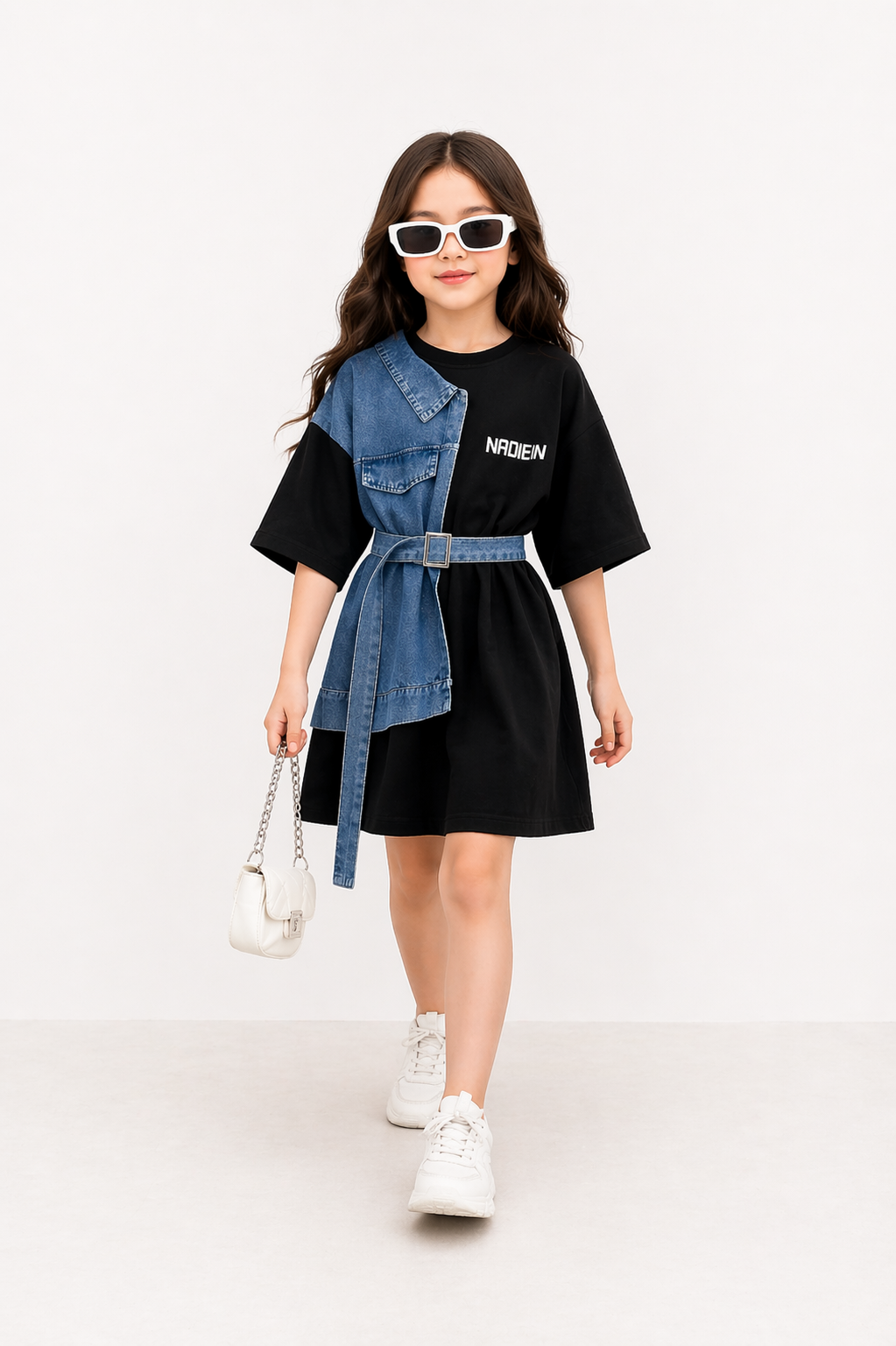 Girls Denim Patch Black Dress – Summer Casual Belted Kids Outfit | Trendy Fashion Dress