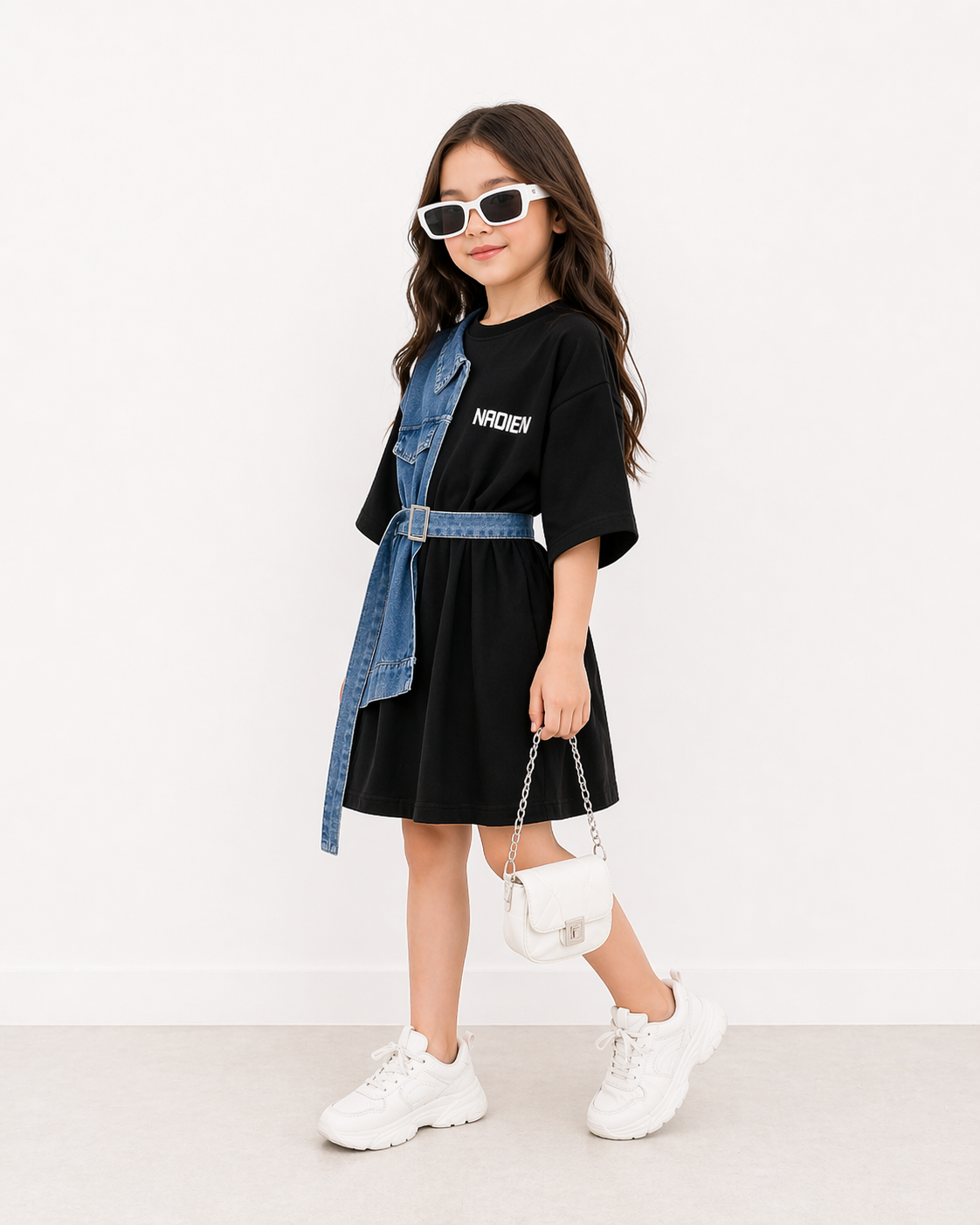 Girls Denim Patch Black Dress – Summer Casual Belted Kids Outfit | Trendy Fashion Dress
