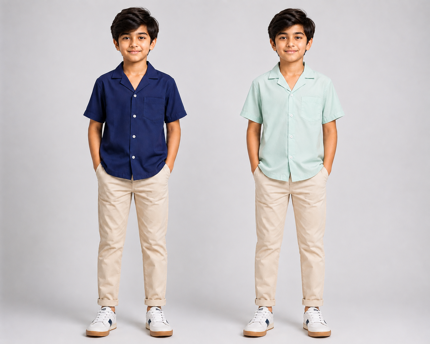 Premium Kids Casual Camp Collar Shirts – Pack of 2 | Navy Blue & Mint Green