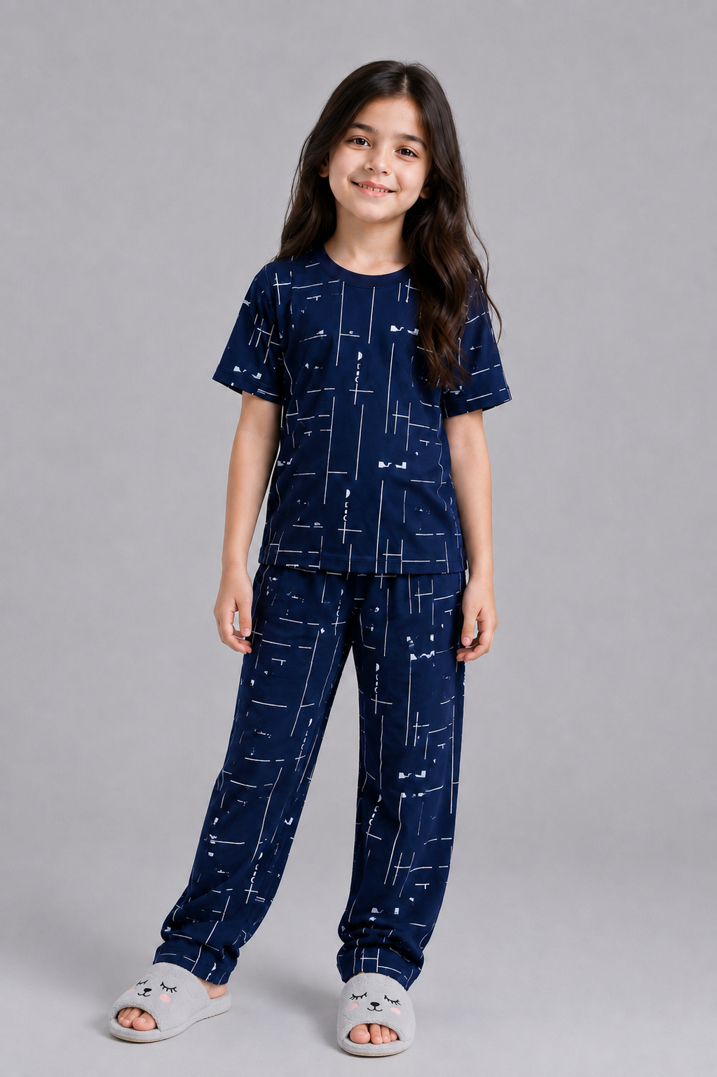 Kids Navy Blue Printed Night Suit – Soft & Comfortable Half Sleeve T-Shirt with Pajama Set (2 Pcs)