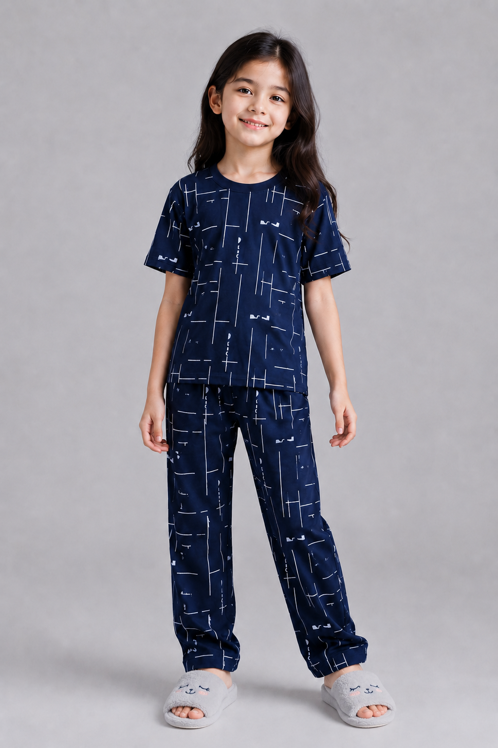 Kids Navy Blue Printed Night Suit – Soft & Comfortable Half Sleeve T-Shirt with Pajama Set (2 Pcs)