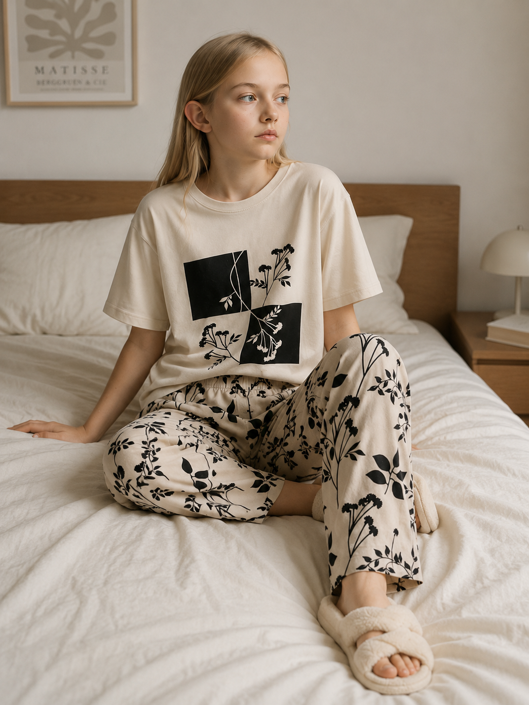 Girls Cream Floral Print Jersey Night Suit – Soft Half Sleeve T-Shirt & Pajama Set