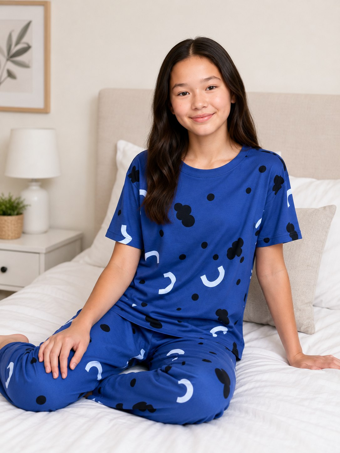 Girls Blue Printed Jersey Night Suit – Soft Half Sleeve T-Shirt & Full-Length Pajama Set
