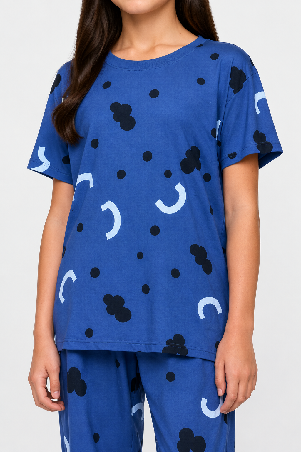 Girls Blue Printed Jersey Night Suit – Soft Half Sleeve T-Shirt & Full-Length Pajama Set