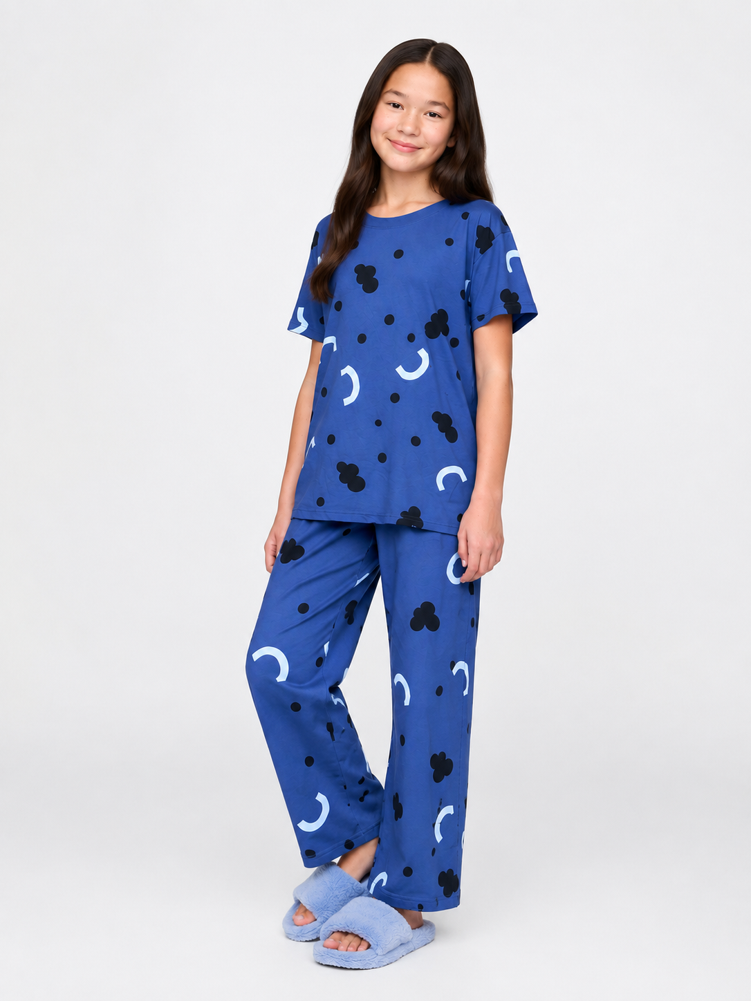 Girls Blue Printed Jersey Night Suit – Soft Half Sleeve T-Shirt & Full-Length Pajama Set