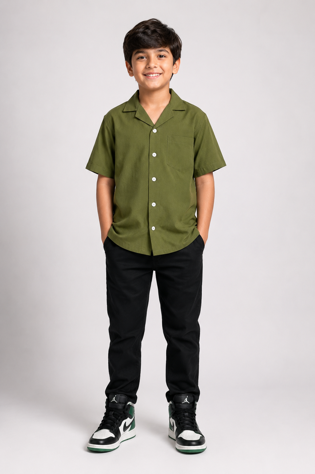 Boys Cuban Shirt - Olive Green