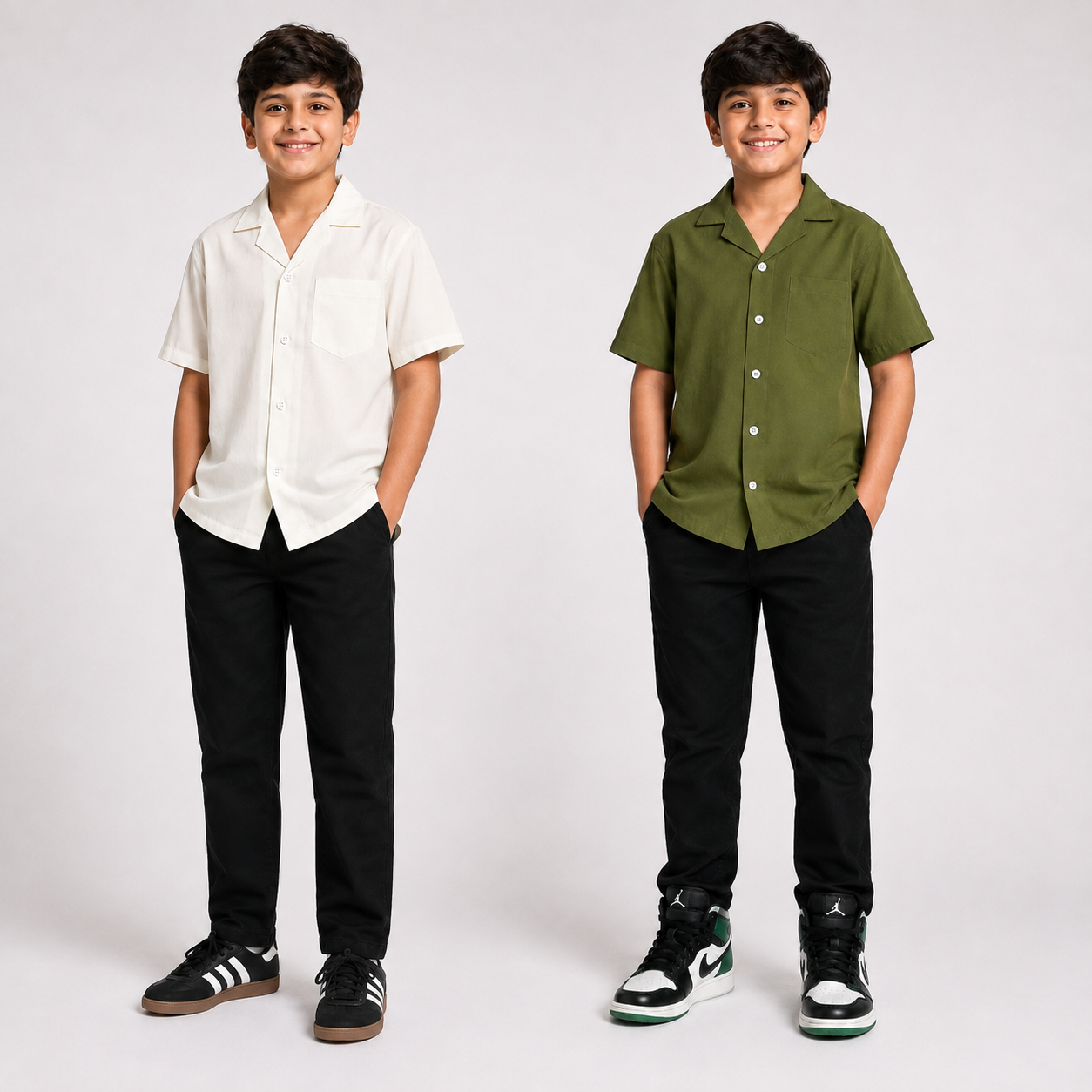 Pack of 2 Boys Half Sleeve Casual Shirts | Cream & Olive Green | Summer Collection