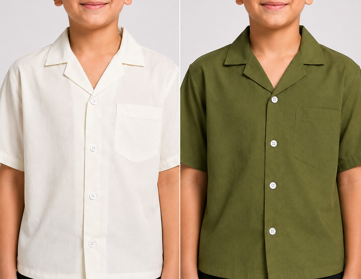 Pack of 2 Boys Half Sleeve Casual Shirts | Cream & Olive Green | Summer Collection