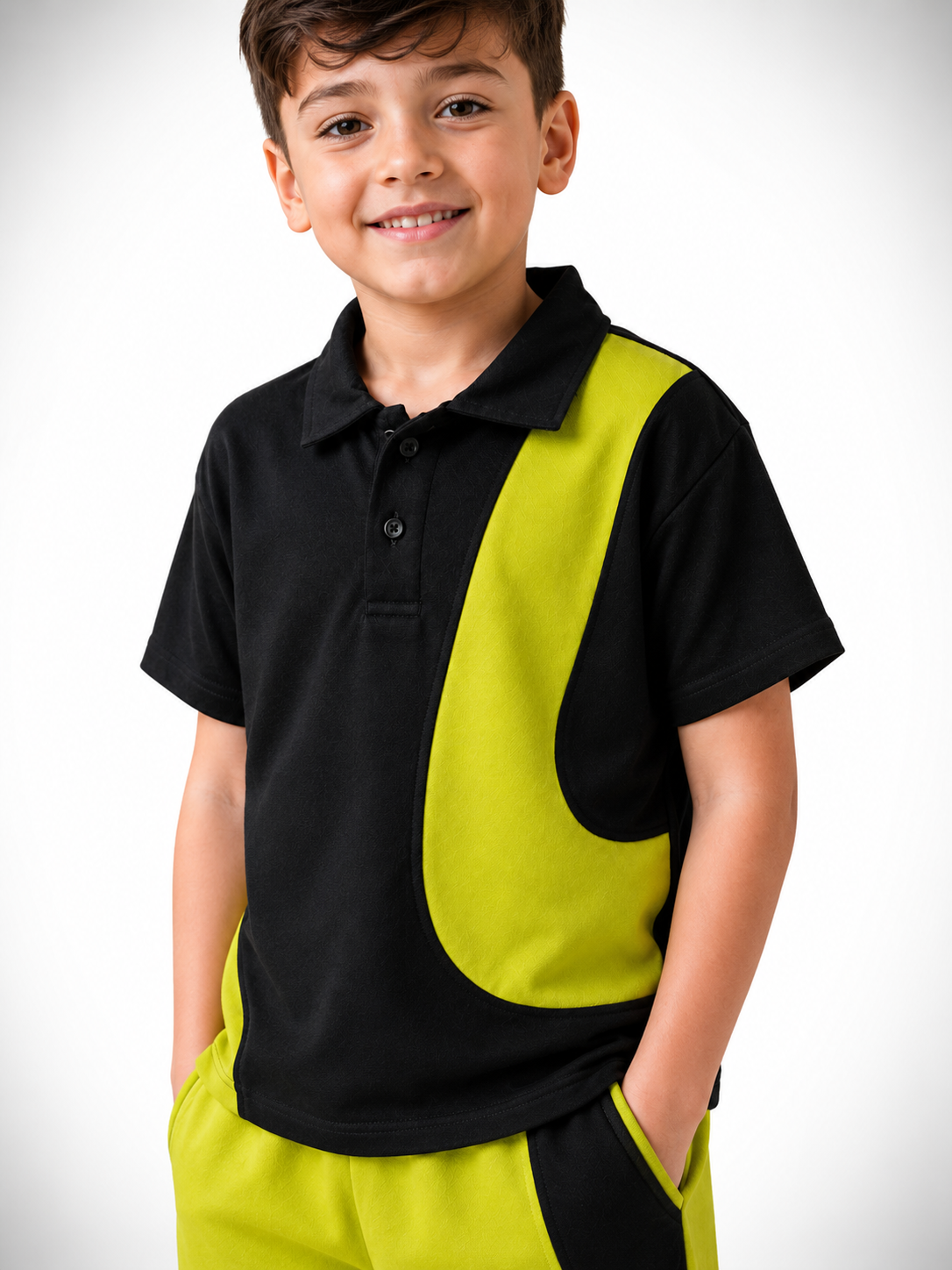 Boys Black & Lime Green Color Block Collar T-Shirt & Shorts Co-Ord Set | 2 Piece Summer Outfit