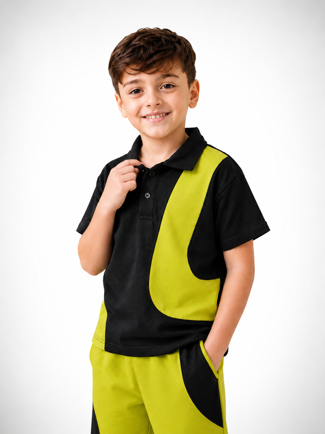 Boys Black & Lime Green Color Block Collar T-Shirt & Shorts Co-Ord Set | 2 Piece Summer Outfit