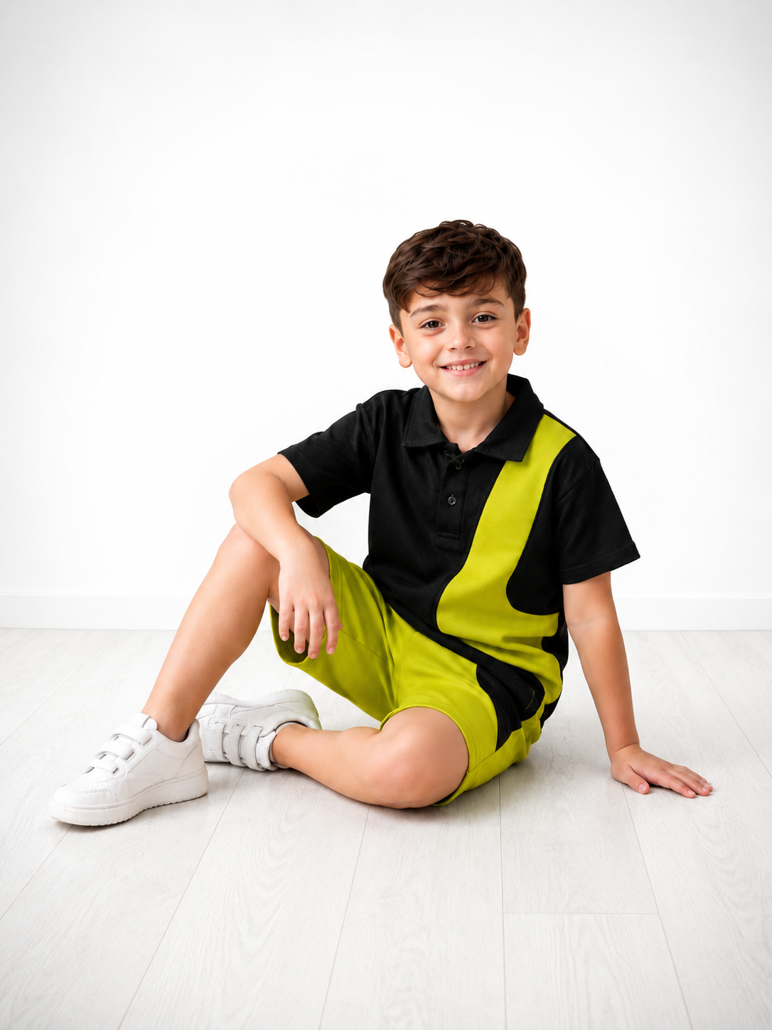 Boys Black & Lime Green Color Block Collar T-Shirt & Shorts Co-Ord Set | 2 Piece Summer Outfit