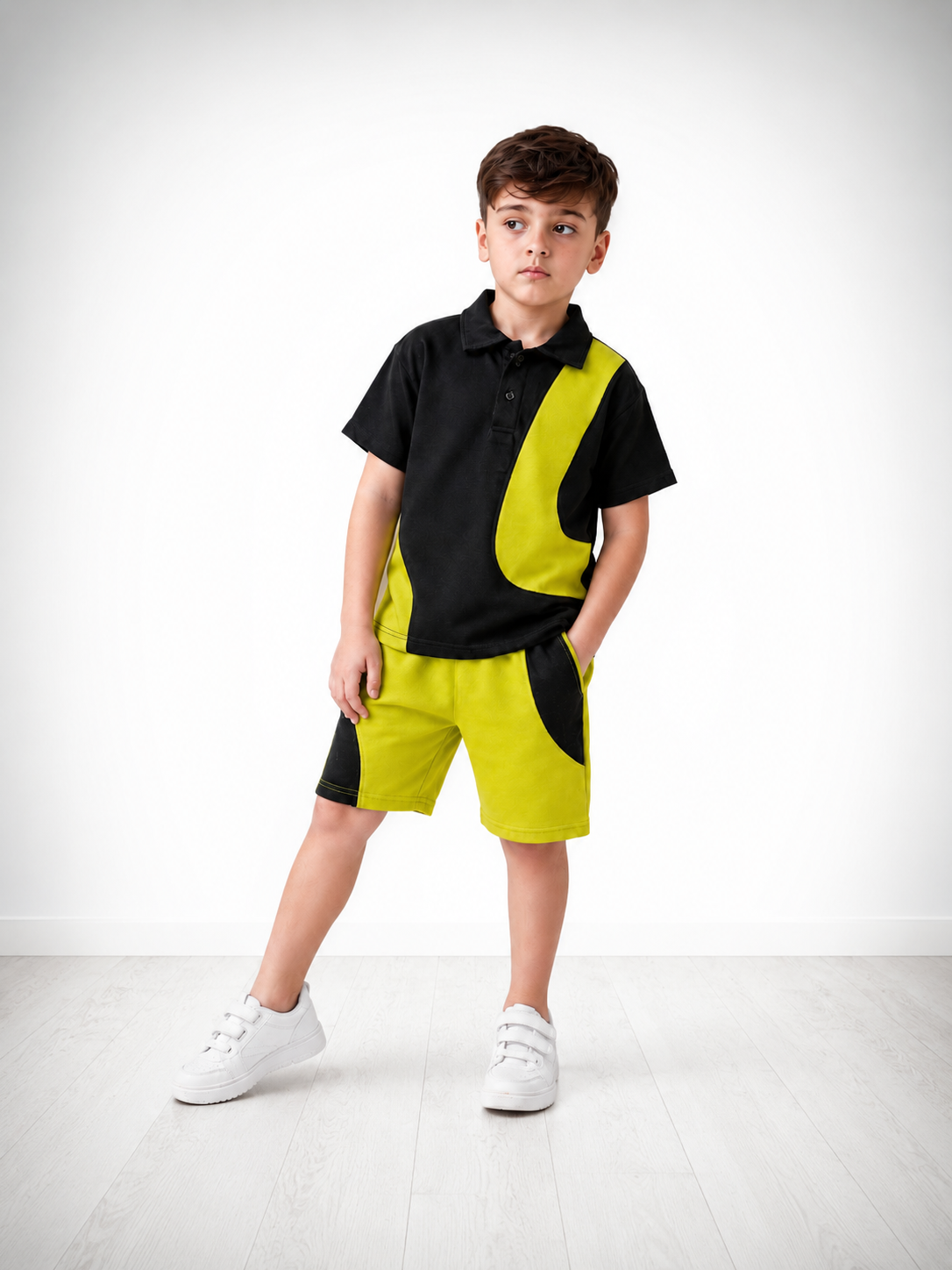 Boys Black & Lime Green Color Block Collar T-Shirt & Shorts Co-Ord Set | 2 Piece Summer Outfit
