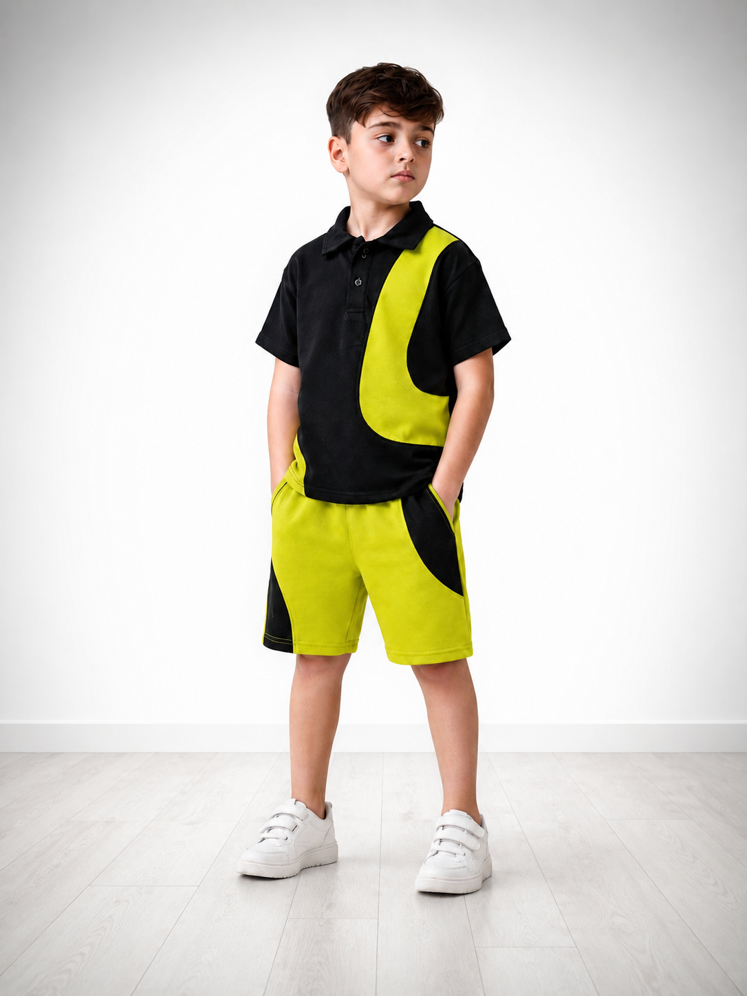 Boys Black & Lime Green Color Block Collar T-Shirt & Shorts Co-Ord Set | 2 Piece Summer Outfit