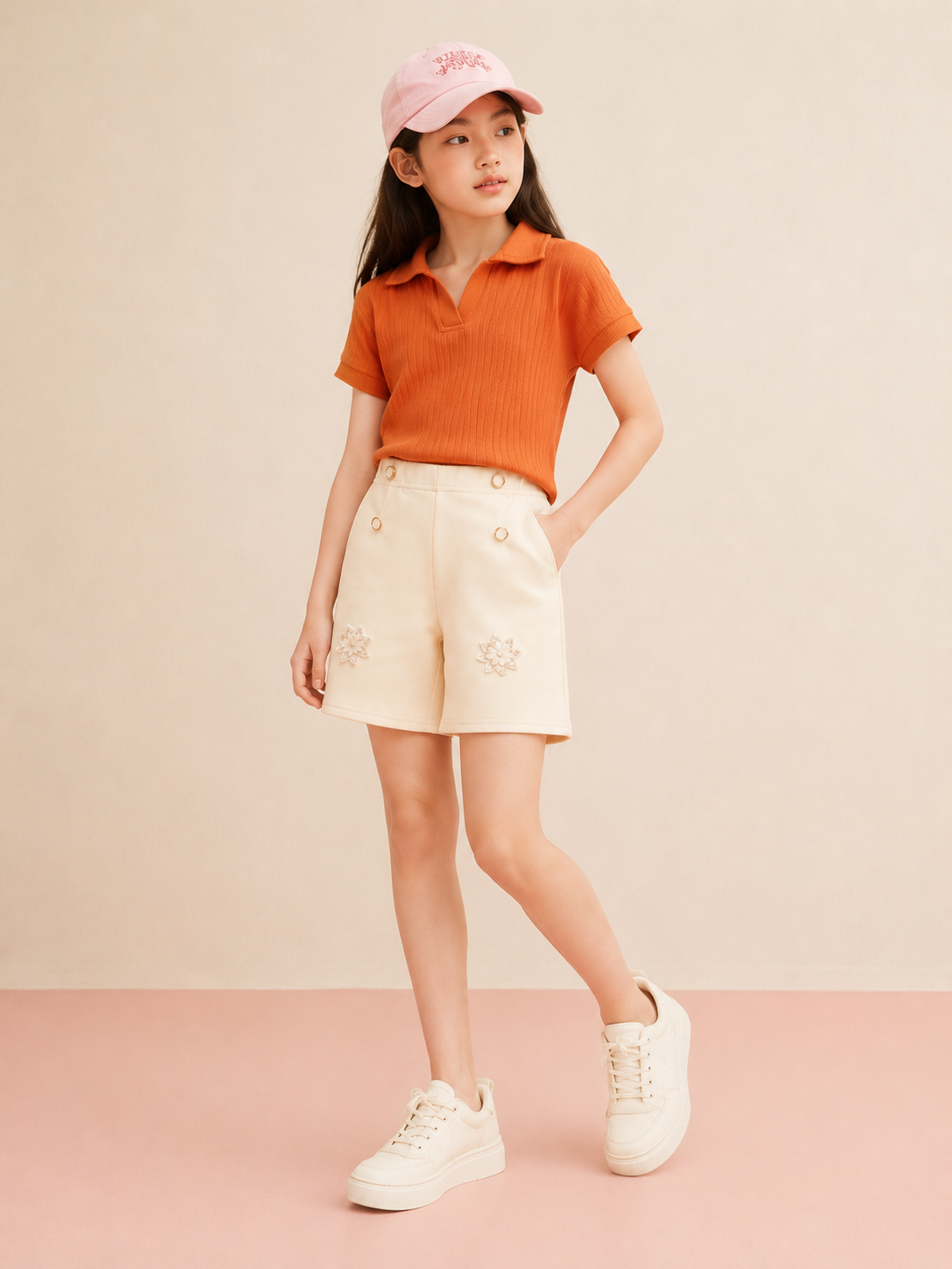 Girls Orange Rib Knit Collar Top & Cream Shorts Set | 2 Piece Summer Outfit