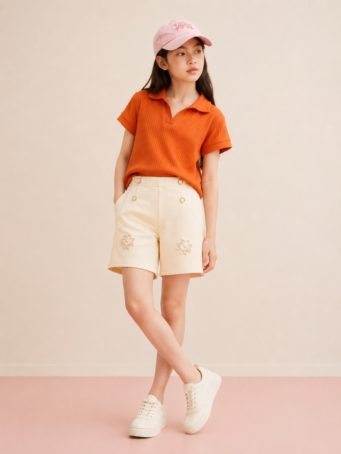 Girls Orange Rib Knit Collar Top & Cream Shorts Set | 2 Piece Summer Outfit