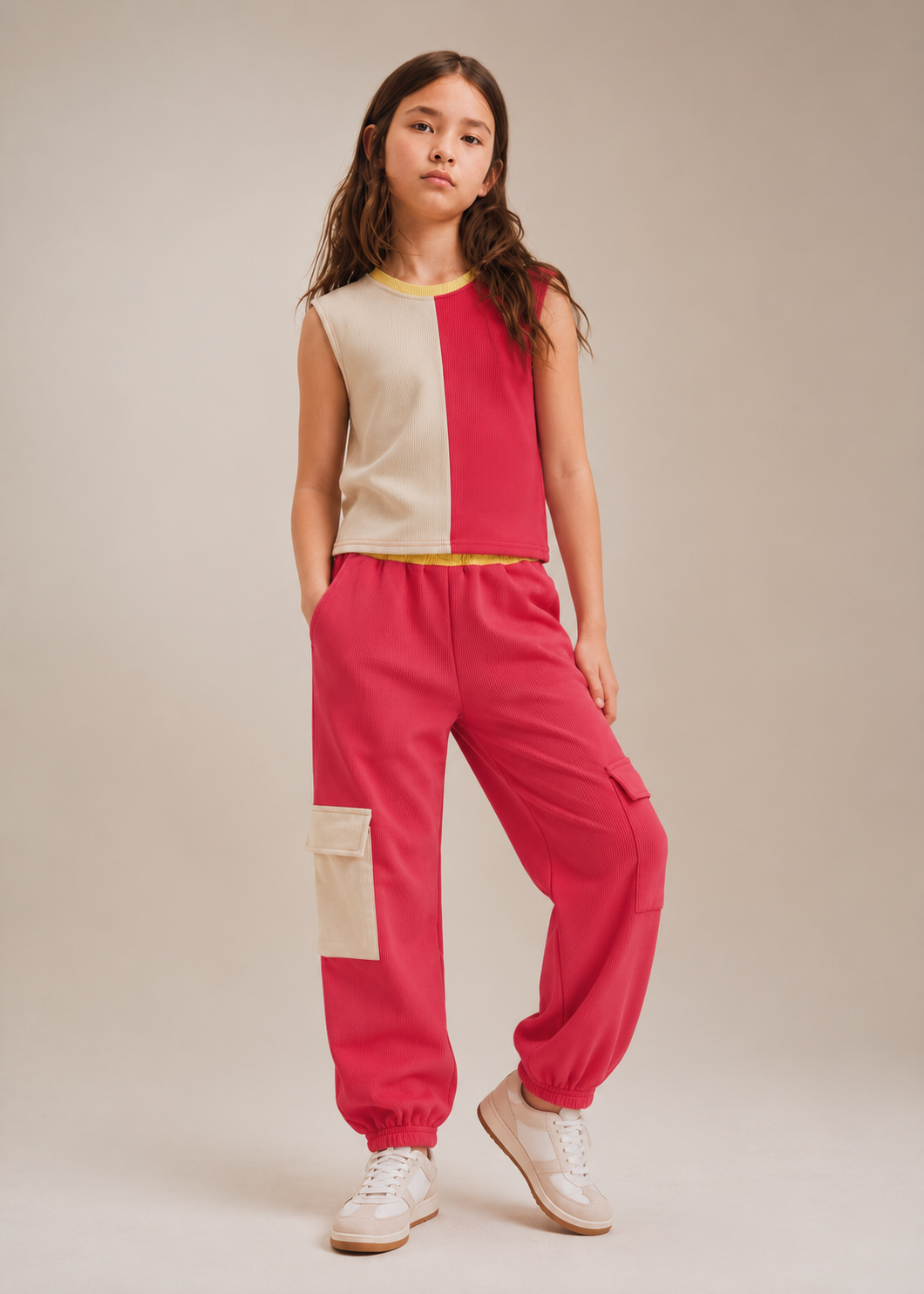 Girls Color Block Sleeveless Top & Cargo Jogger Pants Set | Pink & Beige 2 Piece Outfit