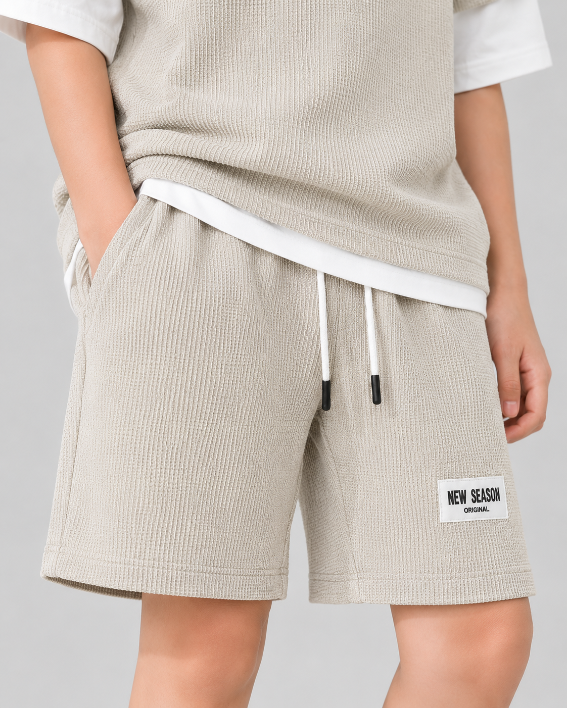 New Season Boys Textured T-Shirt & Shorts Co-Ord Set – Light Grey | 2 Piece Summer Outfit
