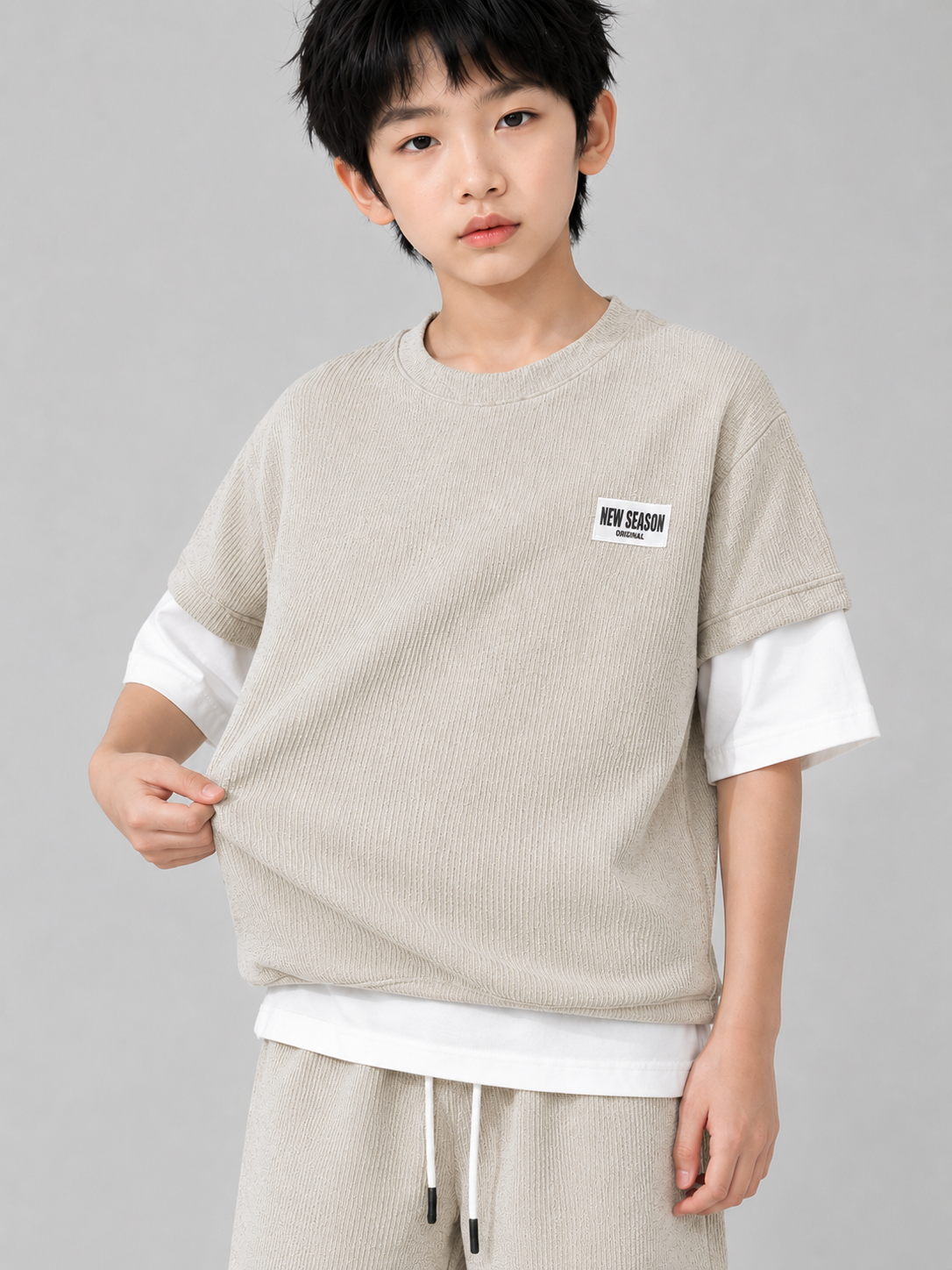 New Season Boys Textured T-Shirt & Shorts Co-Ord Set – Light Grey | 2 Piece Summer Outfit
