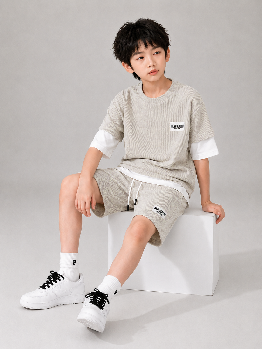 New Season Boys Textured T-Shirt & Shorts Co-Ord Set – Light Grey | 2 Piece Summer Outfit