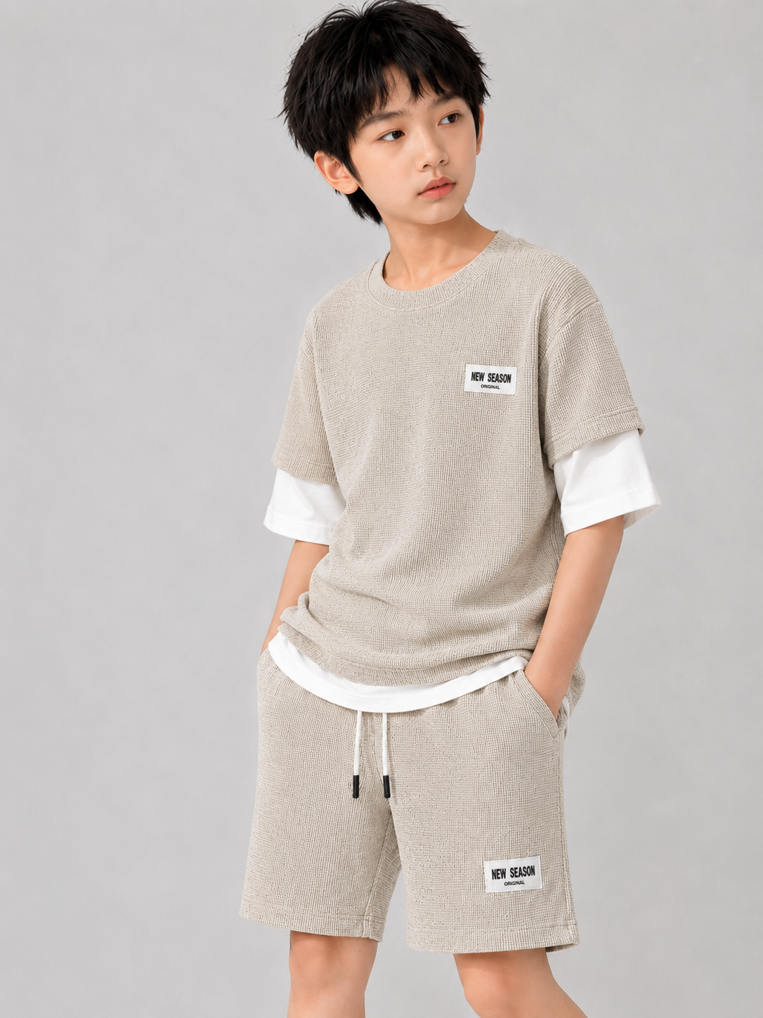 New Season Boys Textured T-Shirt & Shorts Co-Ord Set – Light Grey | 2 Piece Summer Outfit