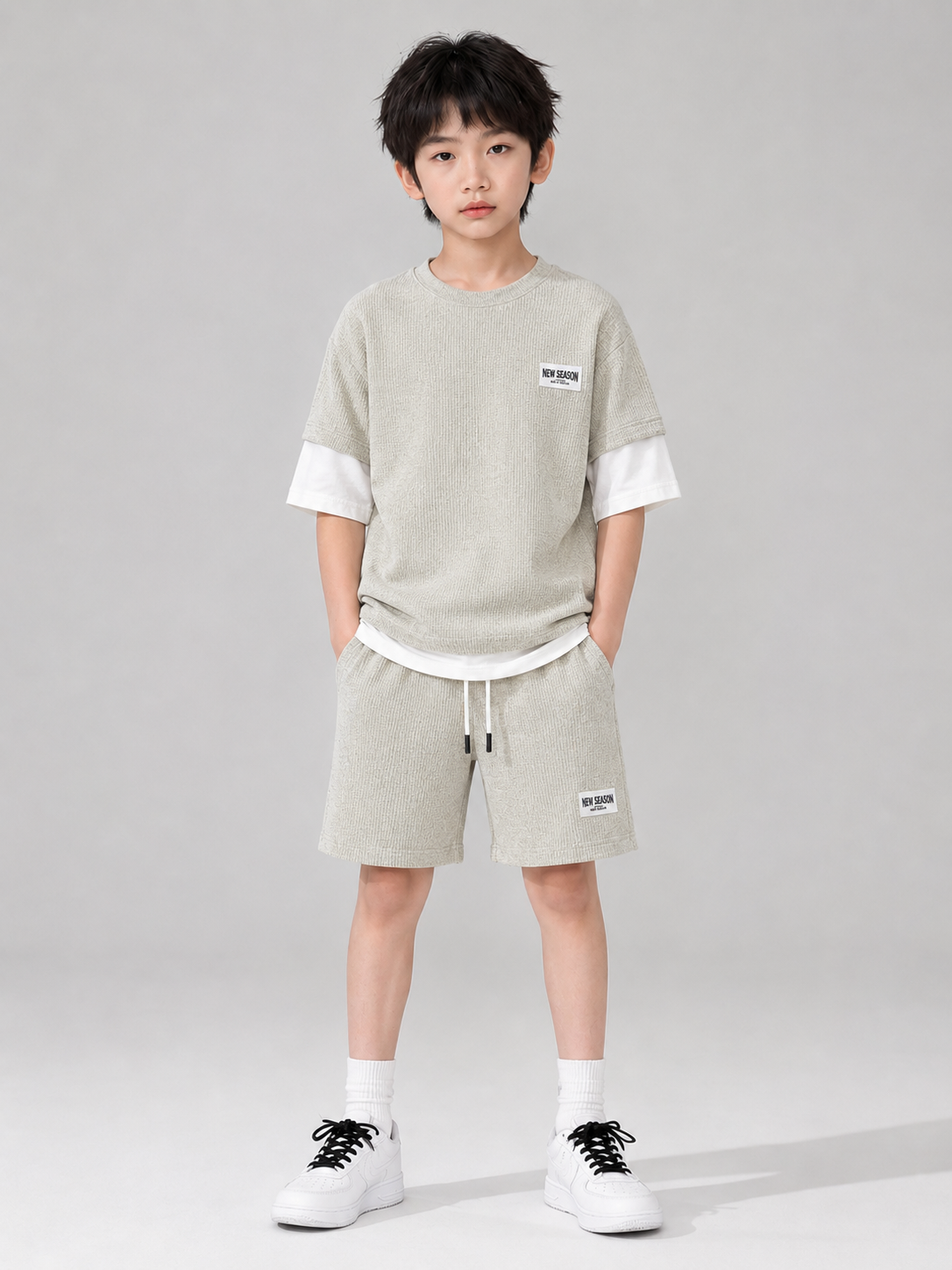 New Season Boys Textured T-Shirt & Shorts Co-Ord Set – Light Grey | 2 Piece Summer Outfit