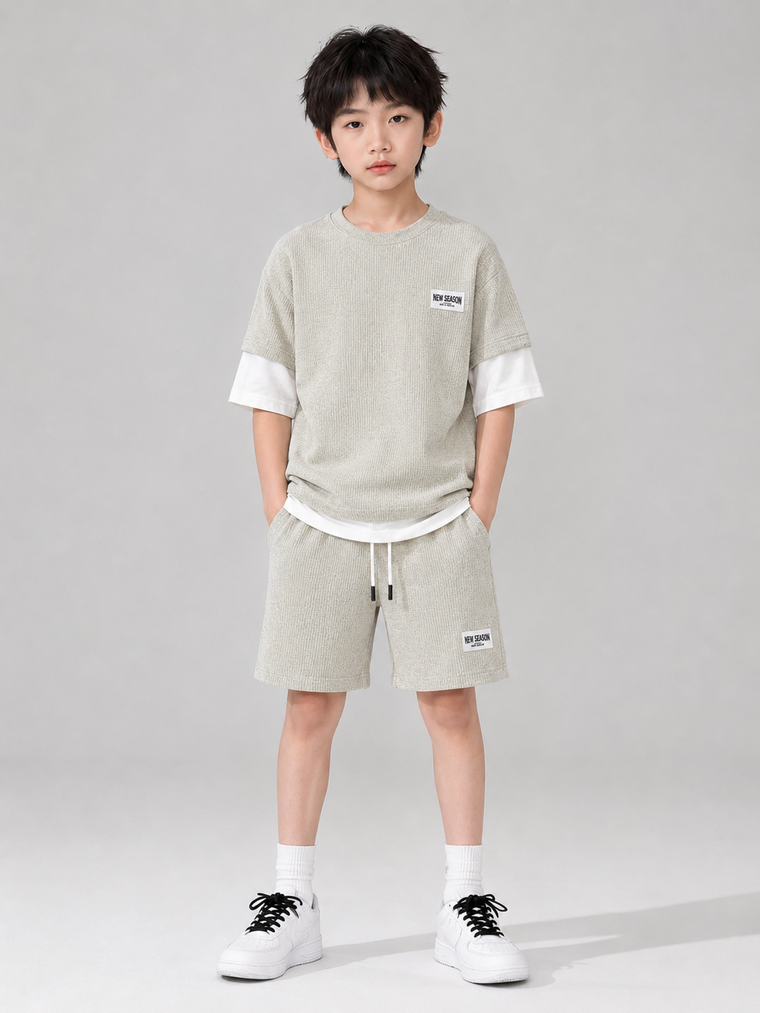 New Season Boys Textured T-Shirt & Shorts Co-Ord Set – Light Grey | 2 Piece Summer Outfit