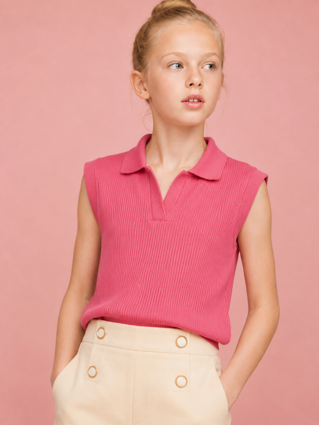 Girls Sleeveless Collar Top & Floral Detail Shorts Set | Pink & Cream 2 Piece Summer Outfit
