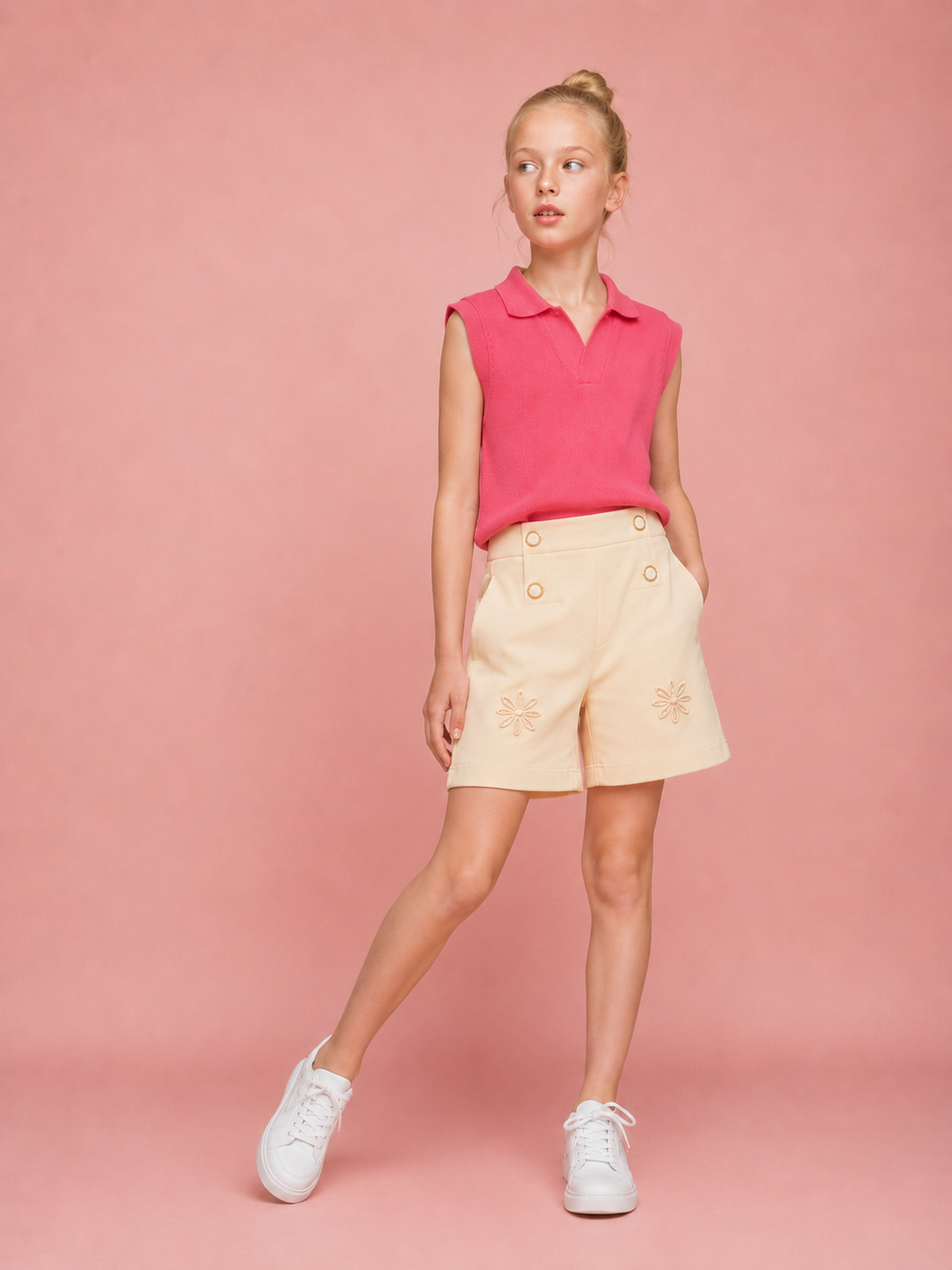 Pack of 2 Girls Ribbed Collared Knit Top & Cream Shorts Co-Ord Sets | Summer Collection