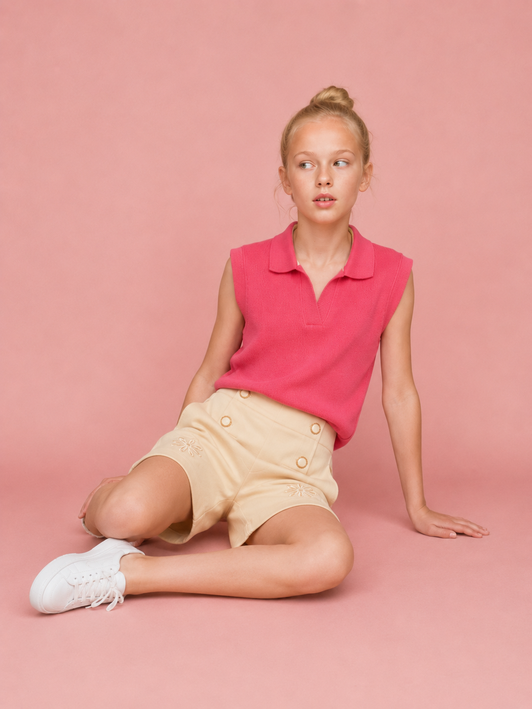 Girls Sleeveless Collar Top & Floral Detail Shorts Set | Pink & Cream 2 Piece Summer Outfit