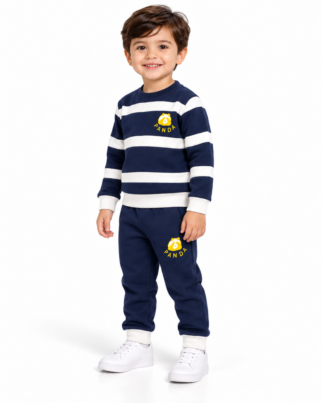 Kids Navy Blue & White Striped Panda Tracksuit – 2 Piece Sweatshirt & Jogger Set