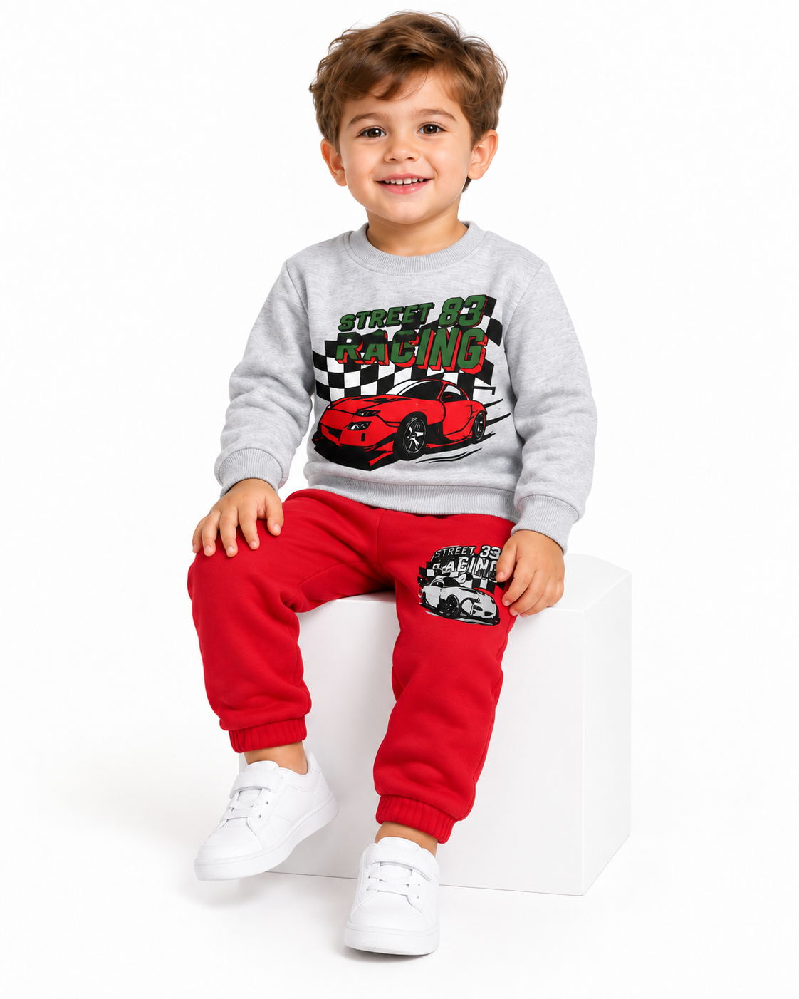 Kids Street Racing Fleece Tracksuit – Grey Sweatshirt & Red Trouser