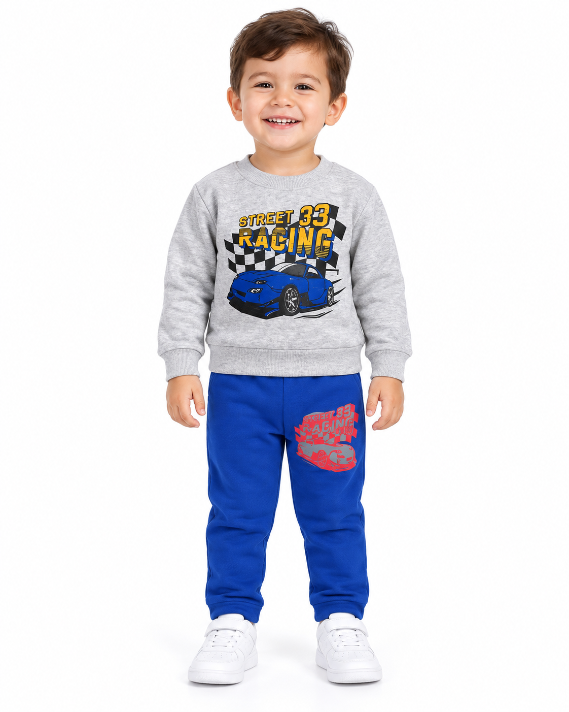 Kids Street Racing Fleece Tracksuit – Grey Sweatshirt & Blue Trouser