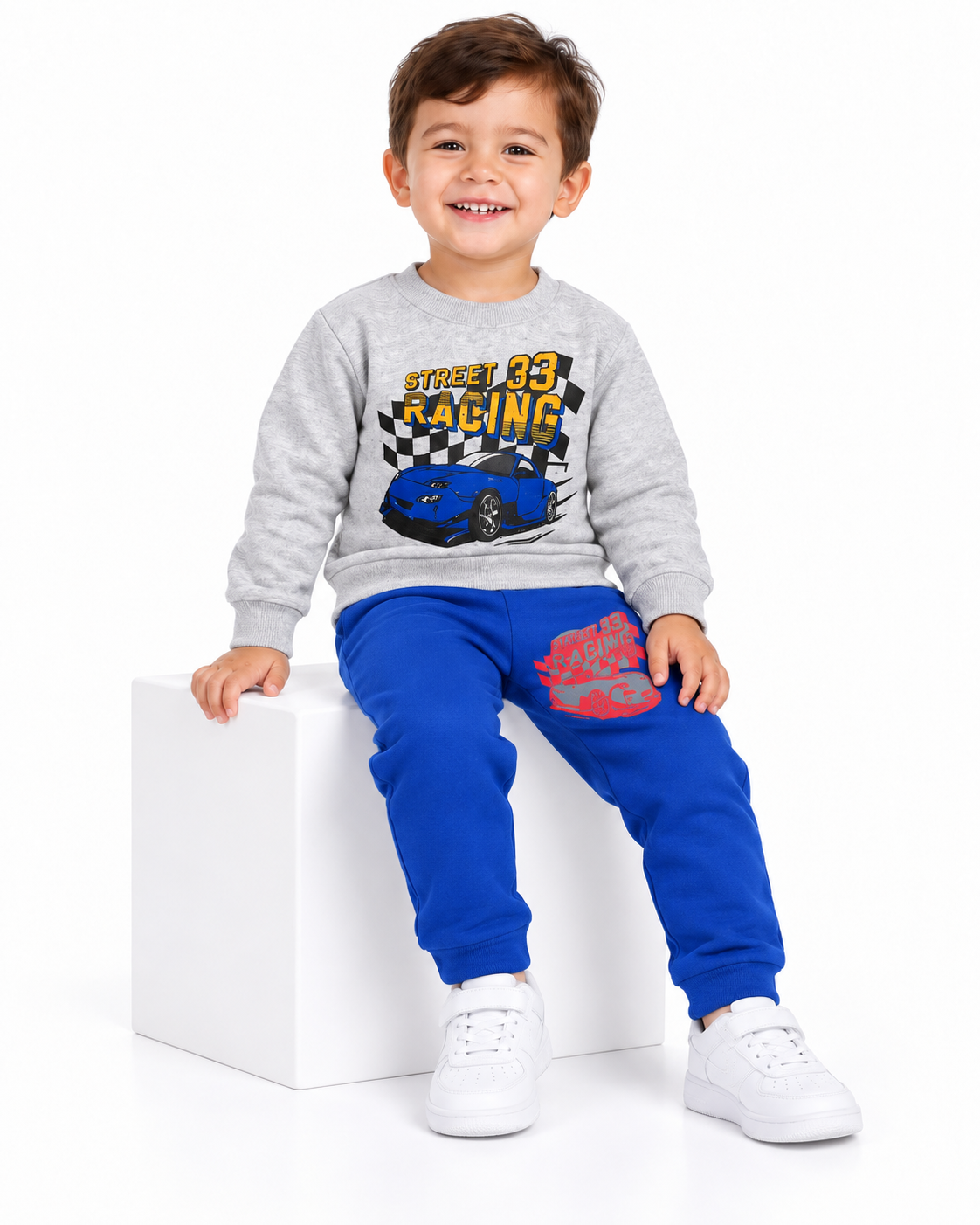 Kids Street Racing Fleece Tracksuit – Grey Sweatshirt & Blue Trouser