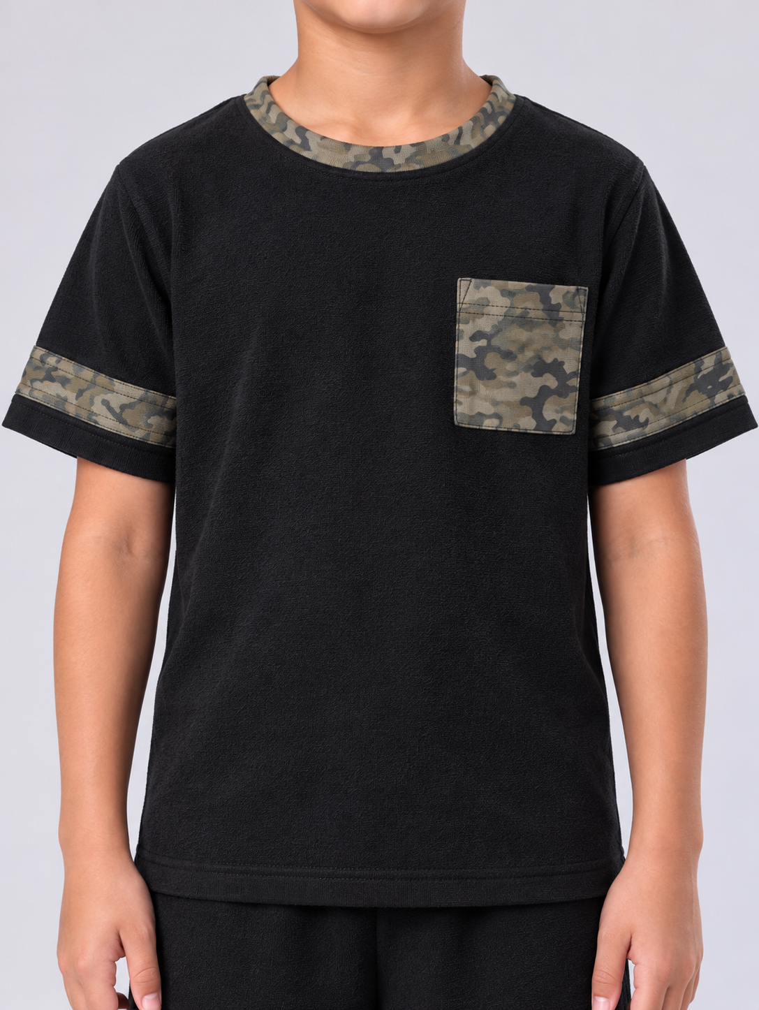 Boys’ Premium Black French Terry T-Shirt & Shorts Set with Camouflage Details