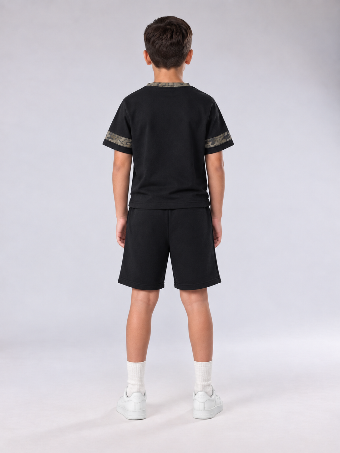 Boys’ Premium Black French Terry T-Shirt & Shorts Set with Camouflage Details