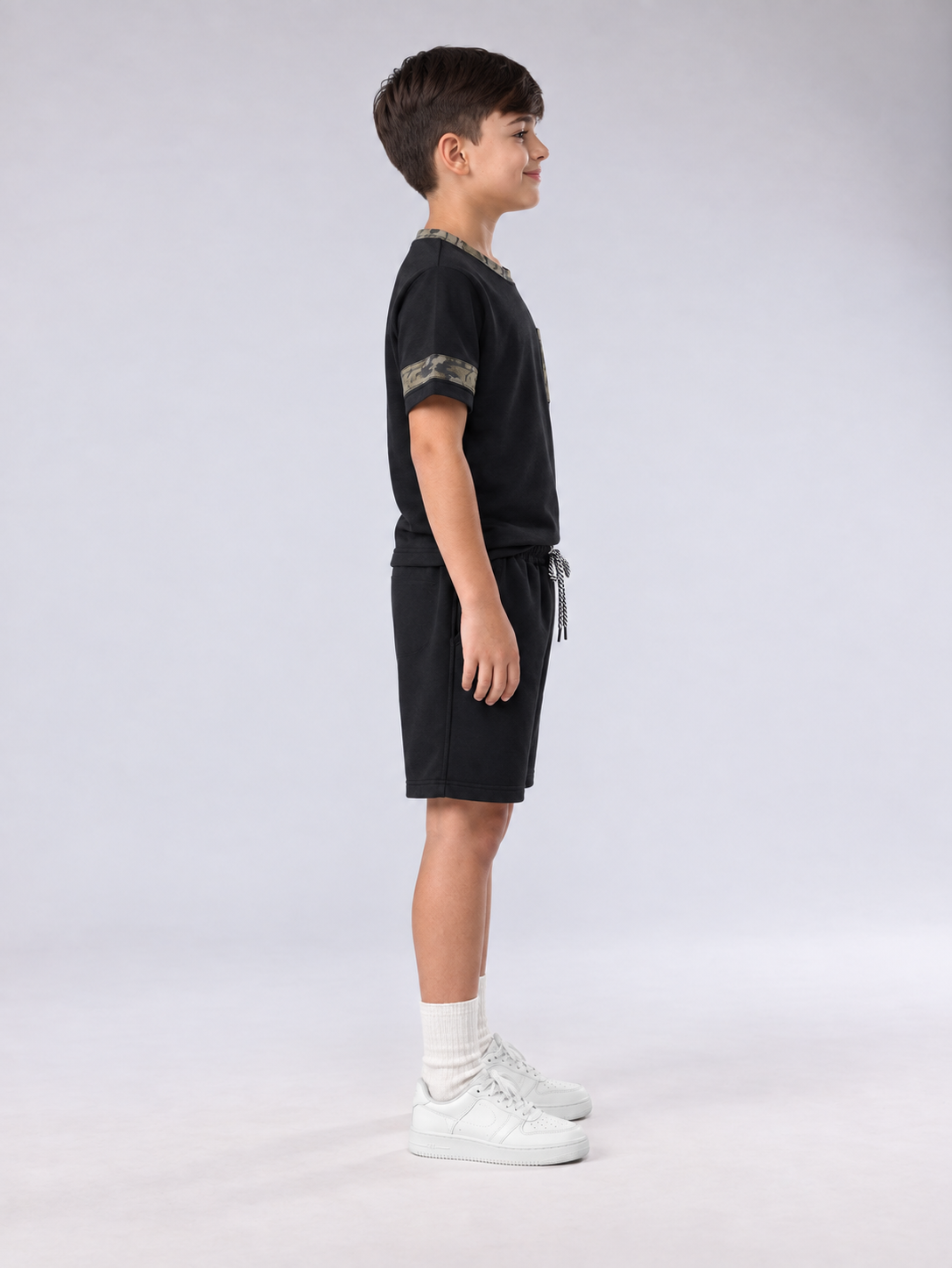 Boys’ Premium Black French Terry T-Shirt & Shorts Set with Camouflage Details