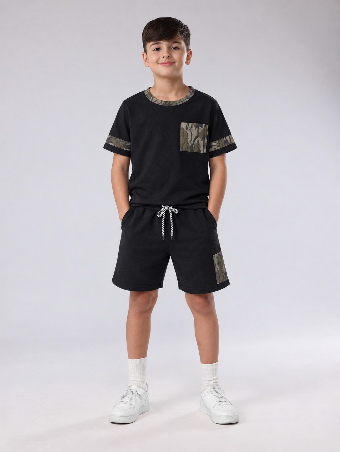 Boys’ Premium Black French Terry T-Shirt & Shorts Set with Camouflage Details