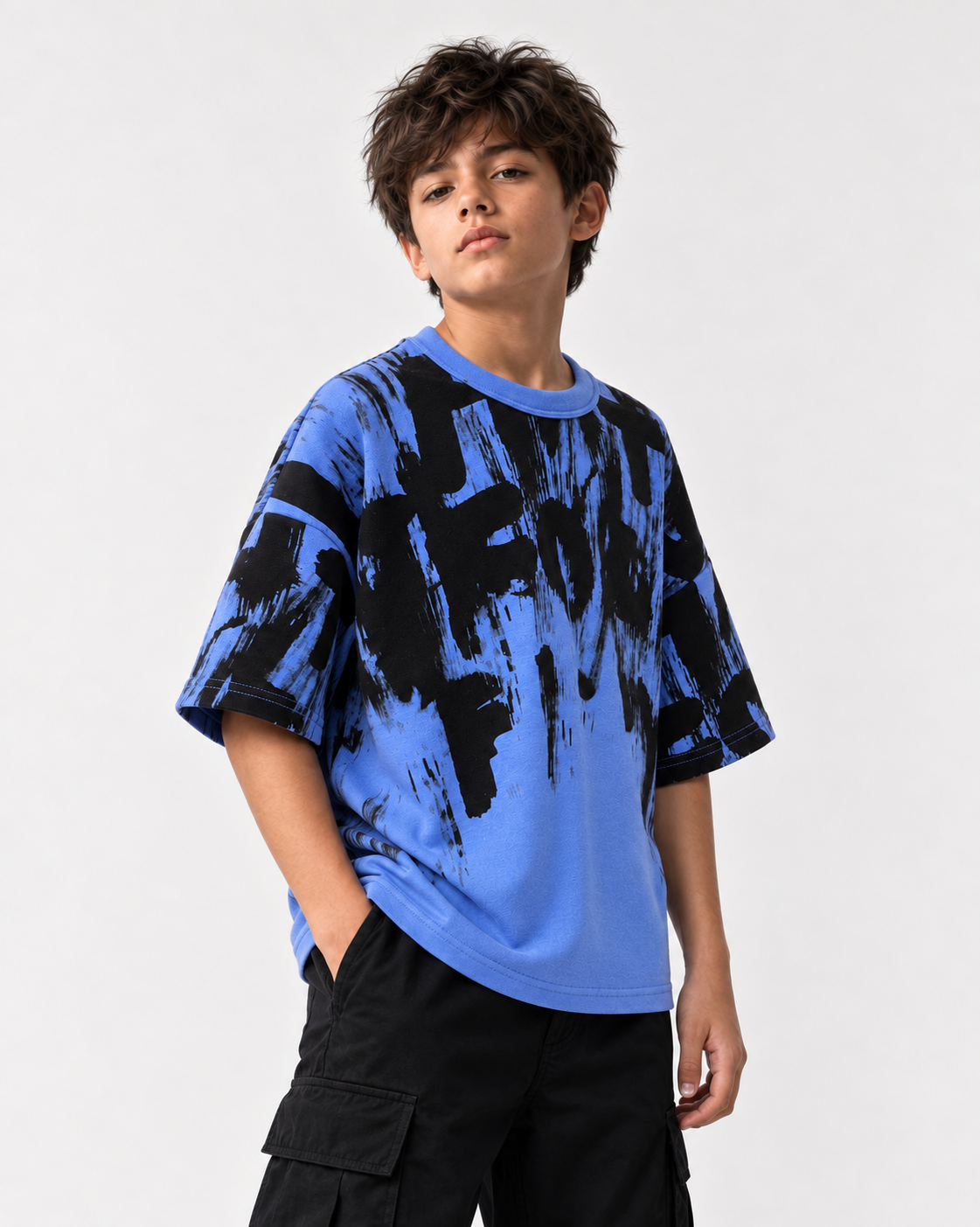 Boys Blue & Black Abstract Print Terry T-Shirt