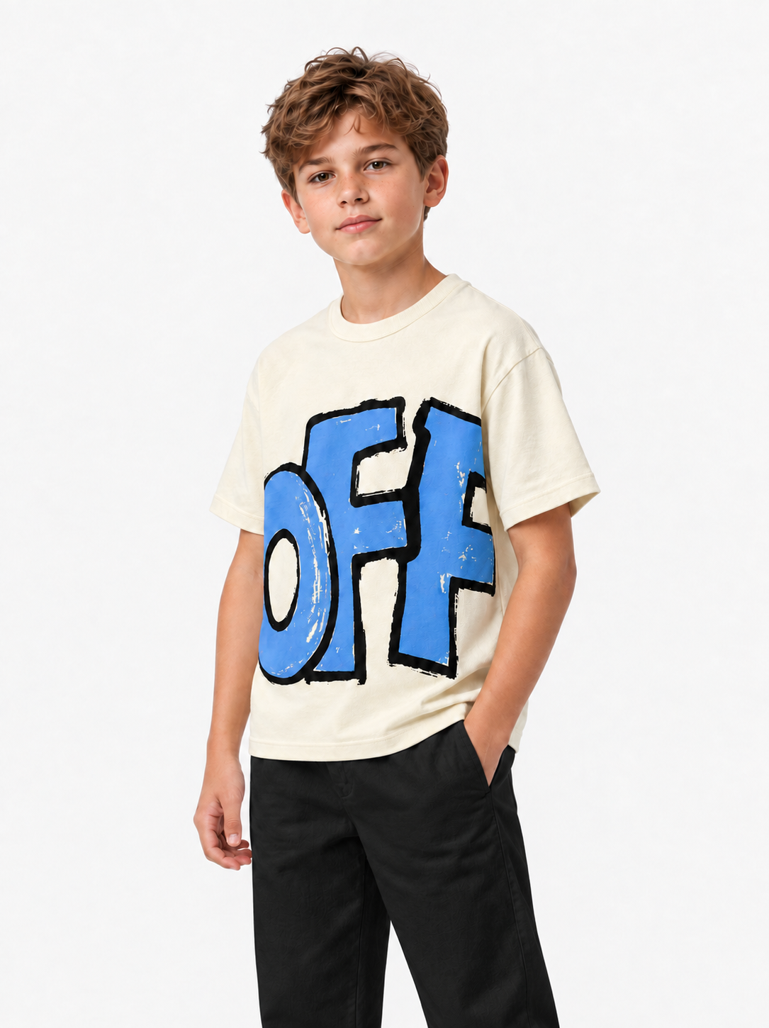 Boys Oversized OFF Graphic Terry Tees – Cream & Blue