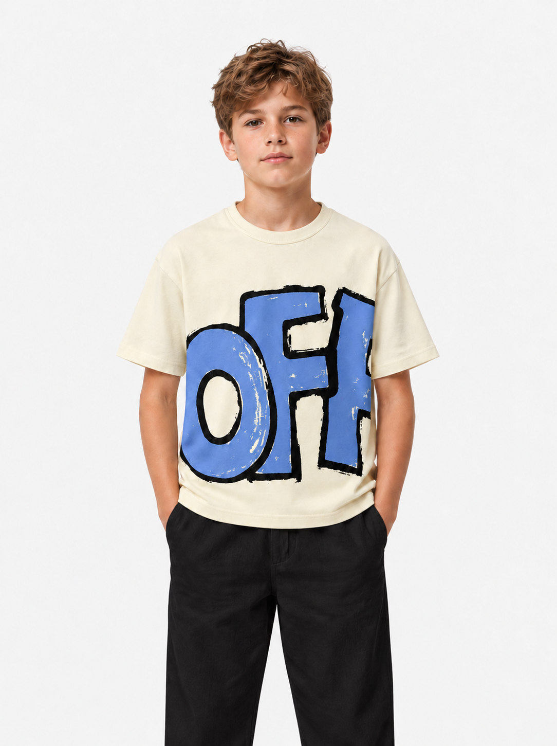Boys Oversized OFF Graphic Terry Tees – Cream & Blue