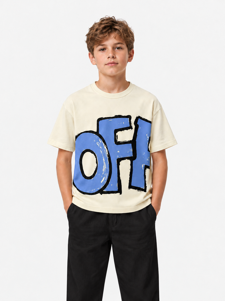 Boys Oversized OFF Graphic Terry Tees – Cream & Blue