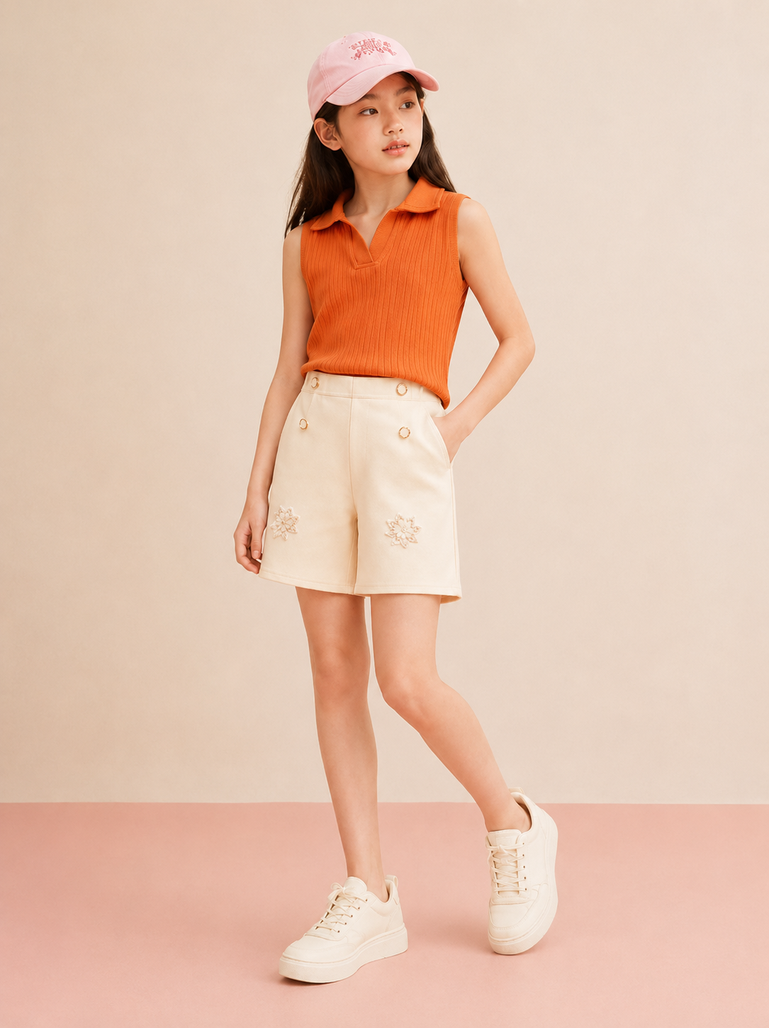 Girls Orange Rib Knit Collar Top & Cream Shorts Set | 2 Piece Summer Outfit