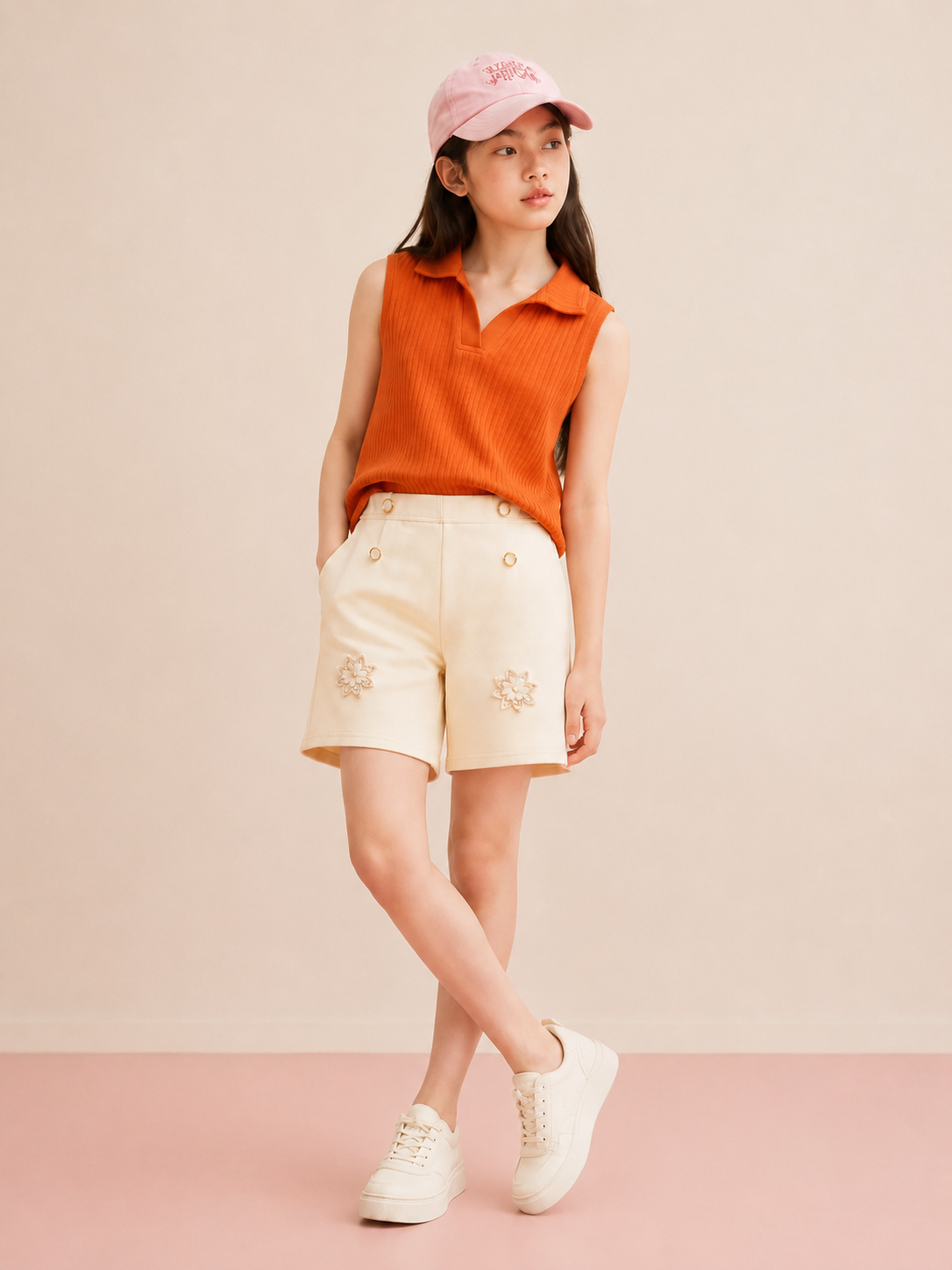 Girls Orange Rib Knit Collar Top & Cream Shorts Set | 2 Piece Summer Outfit