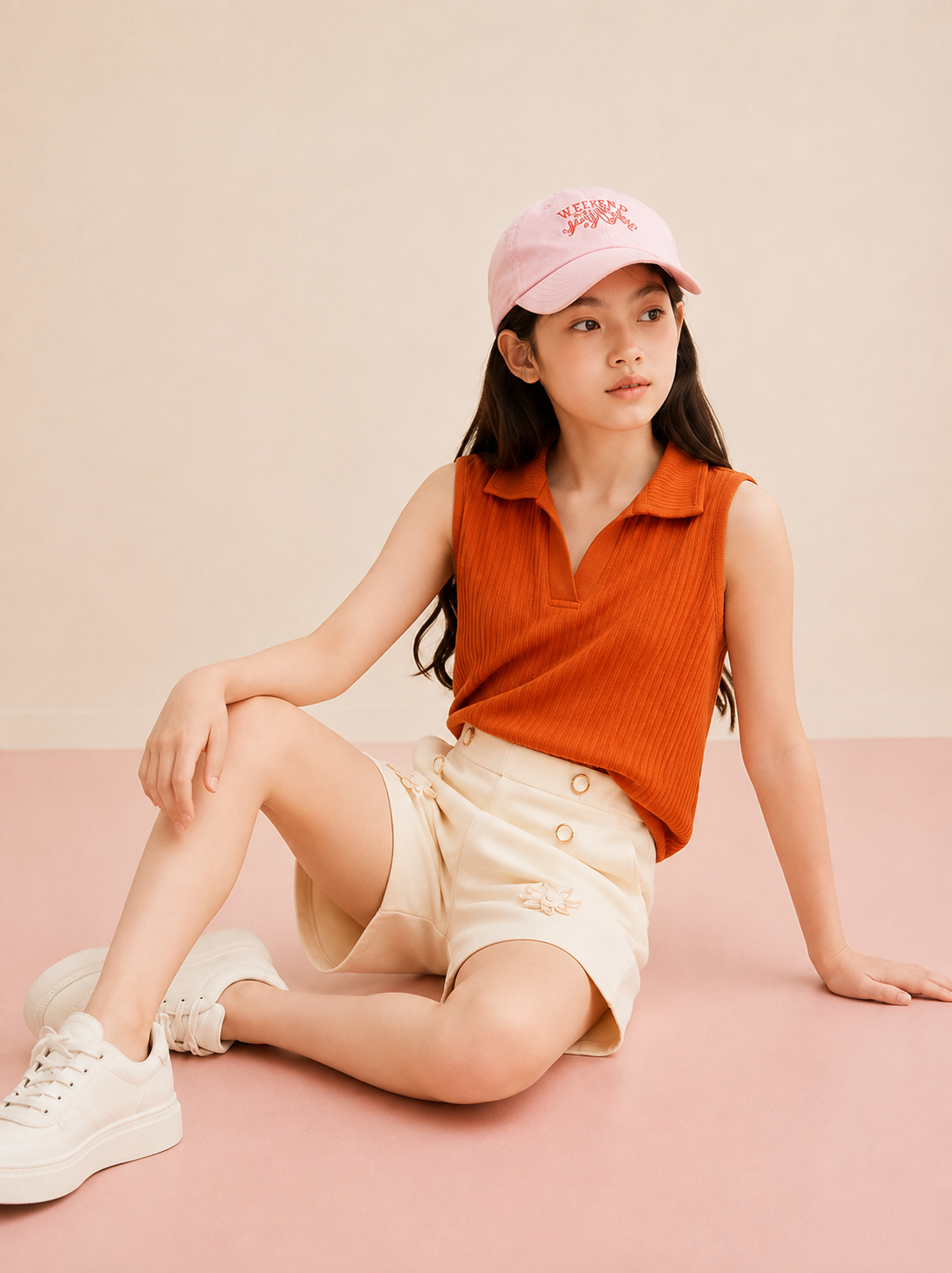 Girls Orange Rib Knit Collar Top & Cream Shorts Set | 2 Piece Summer Outfit